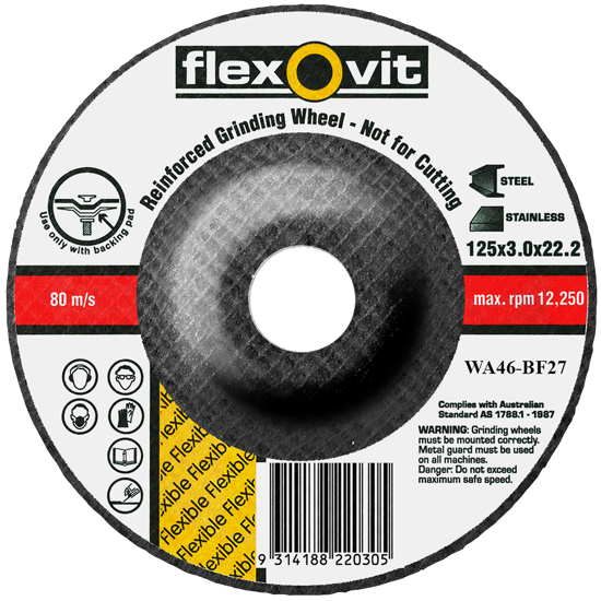 Flexible grinding disc for stainless steel, 125 x 3 x 22mm, ideal for light weld grinding and polishing with superior finish.