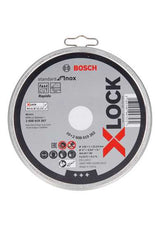 Bosch 125mm X-Lock cutting discs for Inox, pack of 10, featuring thin edges for smooth cuts and quick disc changes.