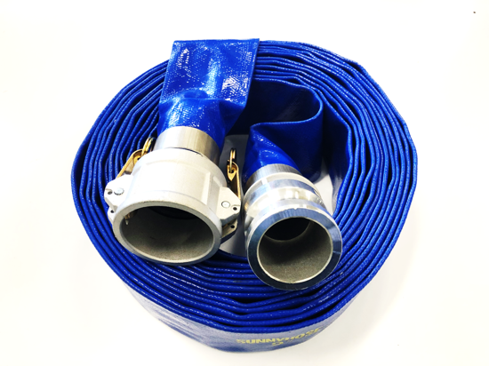 General Purpose Layflat Hose Assembly (50mm x 30m) with durable Sunnyhose and aluminum camlocks for efficient water transfer.