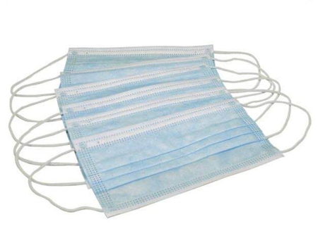 Three-ply face masks in a 50-pack, featuring breathable PP material, adjustable nose bridge, and elastic ear loops for comfort.