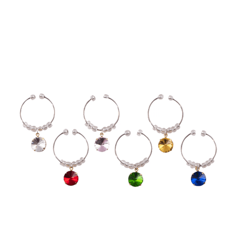 Colorful set of six reusable wine charms with gemstone designs, made from flexible stainless steel for easy glass identification.