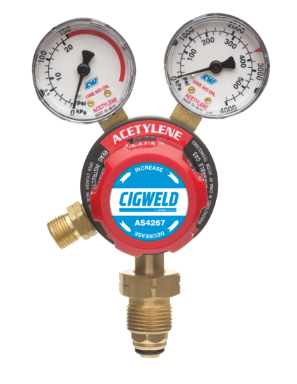 Cigweld Cutskill Acetylene Regulator with robust Comet design, color-coded gas features, and failsafe pressure control.