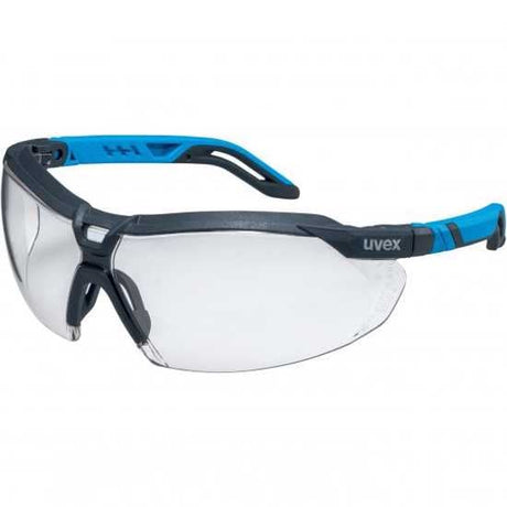 Uvex i-5 Safety Spectacles in anthracite with blue accents, featuring adjustable arms and anti-fog, scratch-resistant lenses.