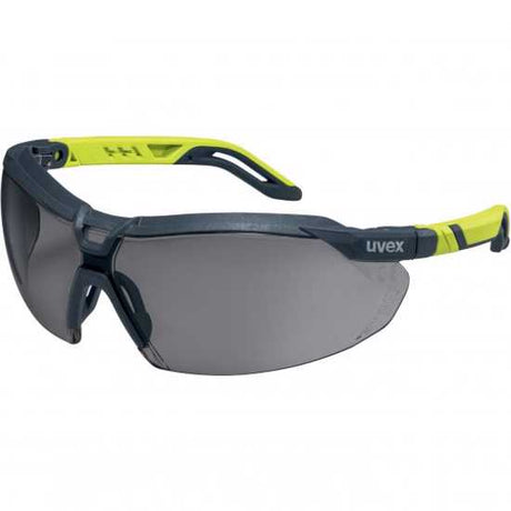 Grey uvex i-5 Safety Spectacles with adjustable arms, anti-fog lenses, and stylish anthracite-lime design for optimal safety.