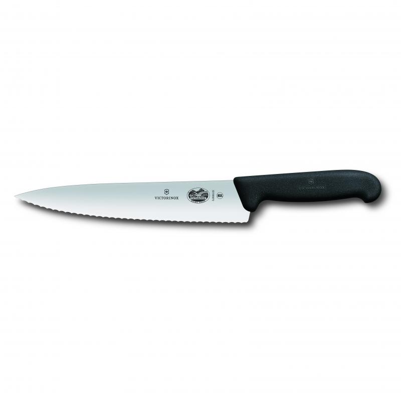 Victorinox 19cm carving knife with wavy edge, featuring high-carbon stainless steel blade and ergonomic non-slip handle.