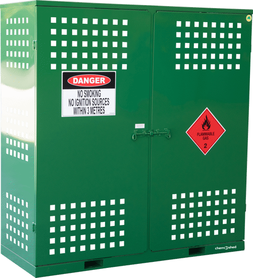 Chemshed Gas Cylinder Store-Large: durable metal cabinet for safe, compliant gas cylinder storage, with adjustable shelves and security locks.