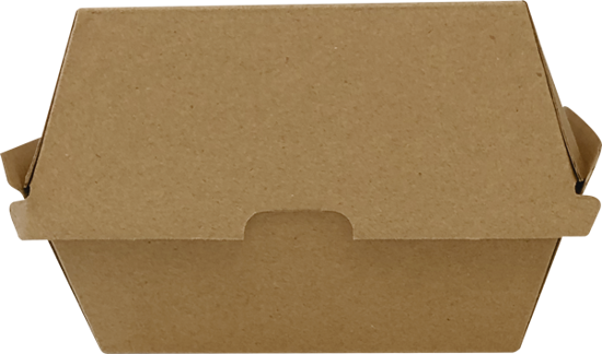 Eco-friendly Biopak Burger Box, 105mm x 105mm x 85mm, made from FSC certified paperboard, compostable and recyclable.