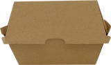 Eco-friendly Biopak Burger Box, 105mm x 105mm x 85mm, made from FSC certified paperboard, compostable and recyclable.