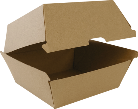 Eco-friendly Biopak Burger Box, 105mm x 105mm x 85mm, ideal for takeout burgers, compostable and recyclable, 50-pack.