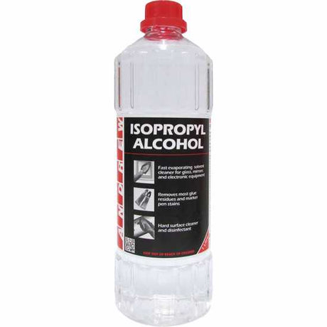 Clear 1L bottle of Andrew Isopropyl Alcohol, perfect for disinfecting surfaces and rapid cleaning without residue.