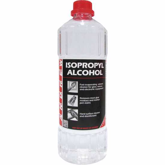 Clear 1L bottle of Andrew Isopropyl Alcohol, perfect for disinfecting surfaces and rapid cleaning without residue.