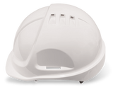 Armour Vented ABS Hard Hat featuring a full brim, adjustable harness, and water drainage lip for optimal safety and comfort.