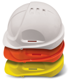 Vented ABS hard hat with full brim, ratchet adjustment, and sweat band for comfort and safety in hazardous environments.