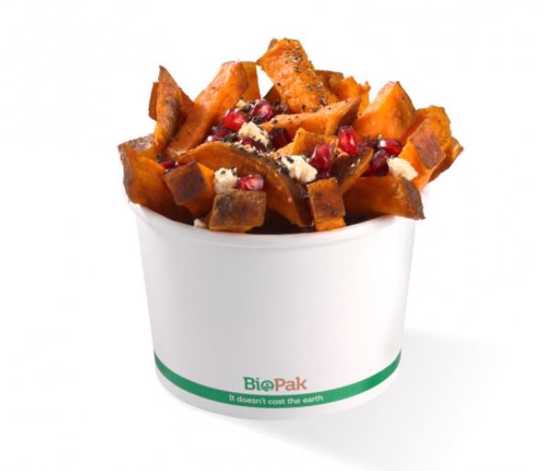 Eco-friendly Biopak Biobowl White - 550ml, 25-pack for hot/cold foods; compostable, biodegradable, and sustainably sourced.