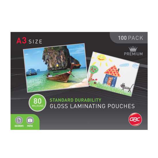 GBC A3 Gloss Laminating Pouch, 80 Micron, pack of 100, designed for protecting and enhancing documents with a glossy finish.