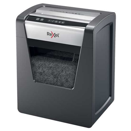 Rexel Momentum CROSS X415 shredder, black, efficiently shreds 15 sheets into cross-cut pieces, features anti-jam tech and 23L bin.