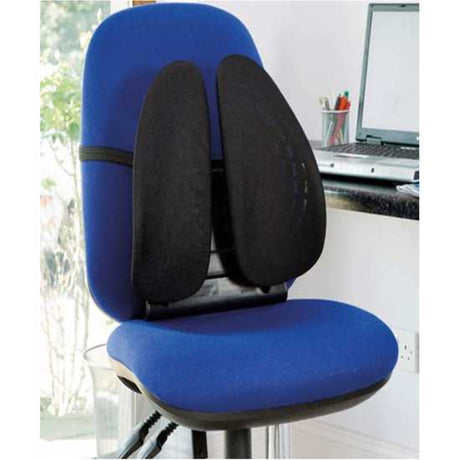 Ergonomic black back support with adjustable height and independent springs for personalized lumbar comfort and ventilation.