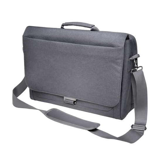 Sleek grey Kensington 14.4" laptop case with organizer, expandable storage, and various carrying options for travel convenience.