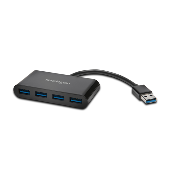 Sleek black Kensington UH4000 USB 3.0 4-port hub for fast data transfer and easy connectivity in home or office.