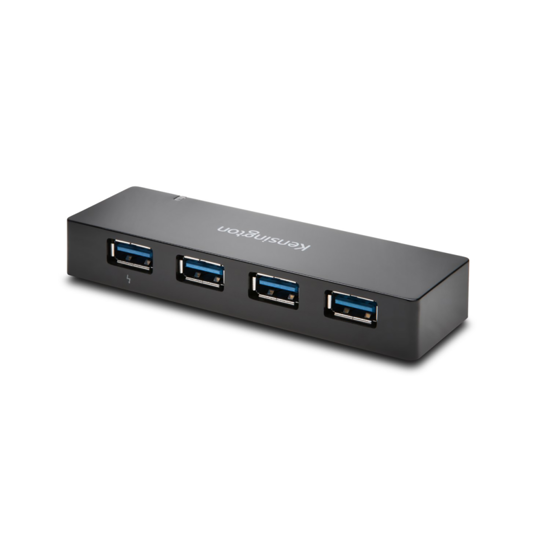 Kensington UH4000 USB 3.0 4-Port Hub in sleek black, offering fast data transfer and charging for multiple devices.