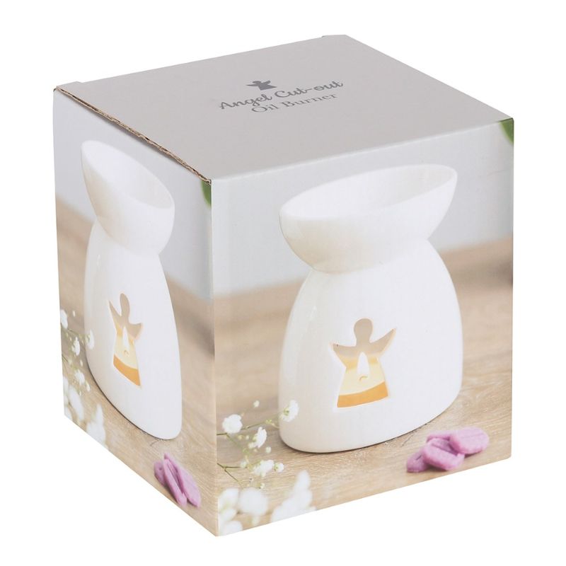 Elegant angel cut out ceramic oil burner in crisp white, ideal for soothing scents and enhancing home ambiance.