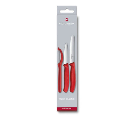 Classic Victorinox 3-piece paring set in black, featuring two knives and a peeler for precise slicing, chopping, and dicing.