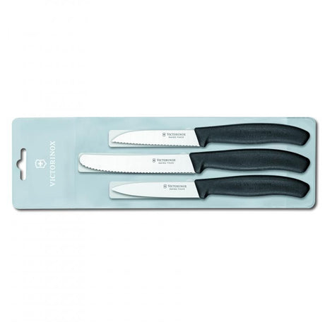 Victorinox Swiss Classic Paring Knife Set - 3 black ergonomic knives designed for peeling, trimming, and precise cutting.