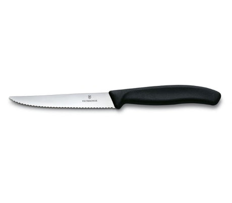 Victorinox Wavy Edge Steak Knife with black ergonomic handle, designed for precise slicing of various steak cuts.