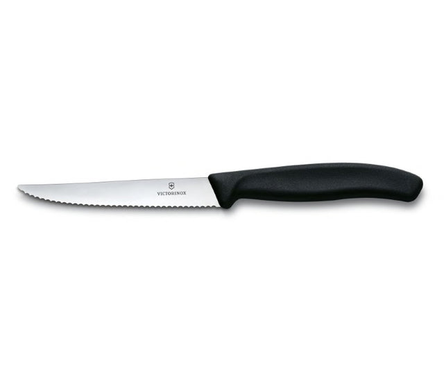 Victorinox Wavy Edge Steak Knife with black ergonomic handle, designed for precise slicing of various steak cuts.