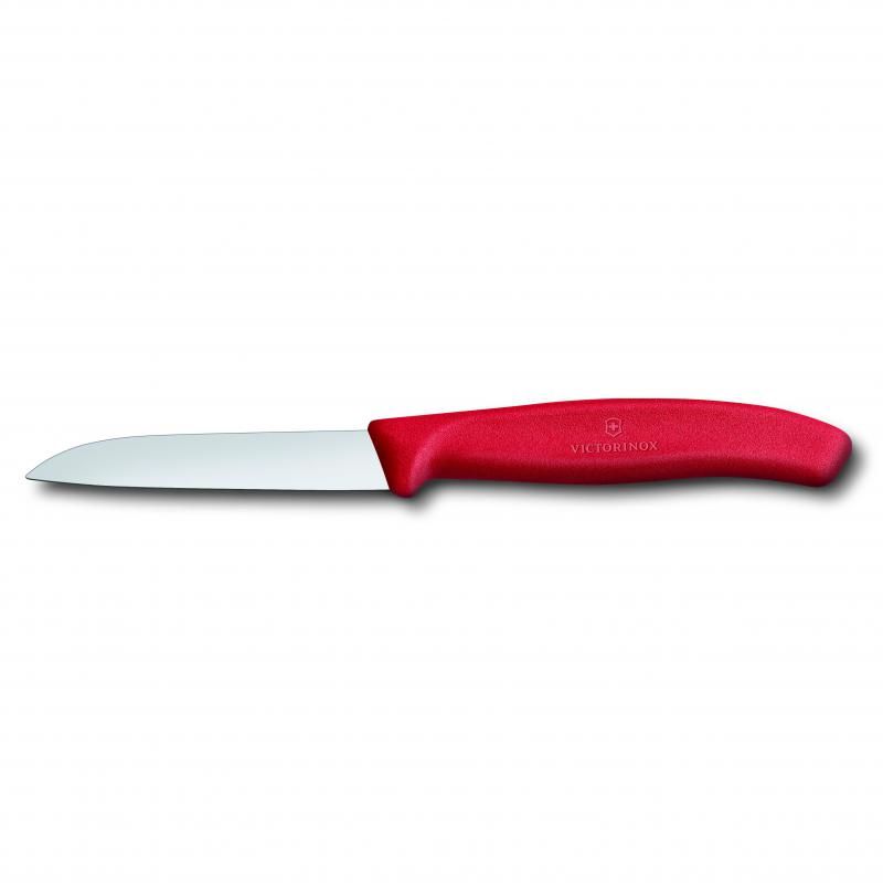 Red Victorinox paring knife with an 8 cm stainless steel blade and ergonomic handle, perfect for kitchen tasks and precision cutting.