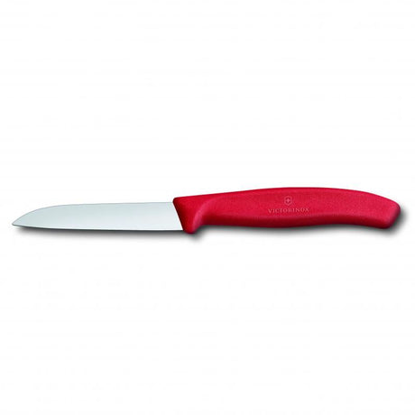 Red Victorinox paring knife with an 8 cm stainless steel blade and ergonomic handle, perfect for kitchen tasks and precision cutting.