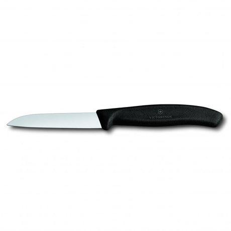 Victorinox 8 cm black paring knife with a stainless steel blade and ergonomic handle for precise cutting and comfortable grip.