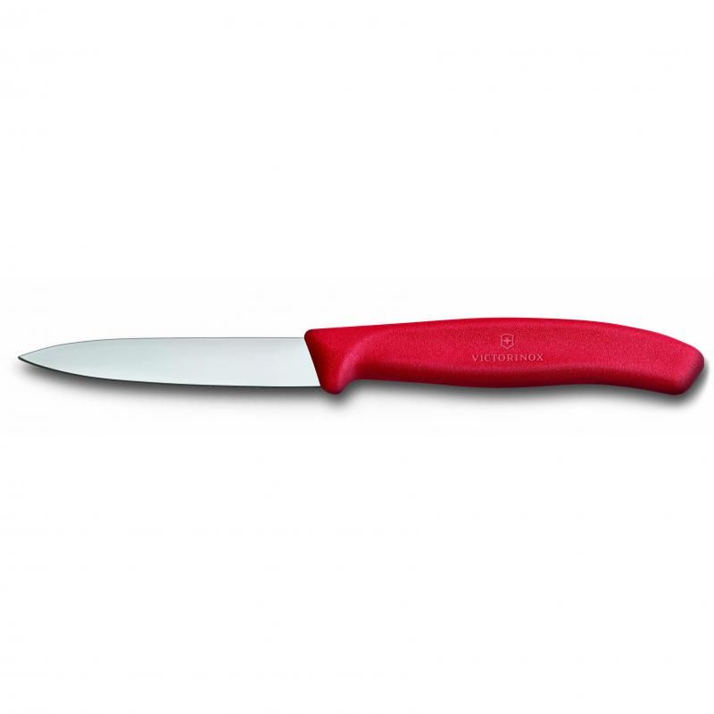 Victorinox red paring knife with an 8 cm pointed blade, ideal for precise cutting and intricate culinary tasks.