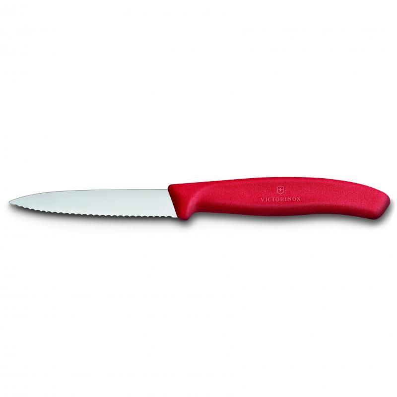 Victorinox 8 cm paring knife with wavy edge and pointed tip, perfect for precise fruit and vegetable prep.