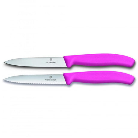 Pink Victorinox 2 Piece Swiss Classic Paring Knife Set featuring stainless steel blades and ergonomic handles for precision cutting.