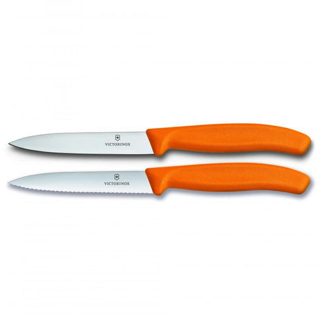 Victorinox 2 Piece Swiss Classic Paring Knife Set in orange, featuring a straight and wavy edge knife, made of stainless steel.