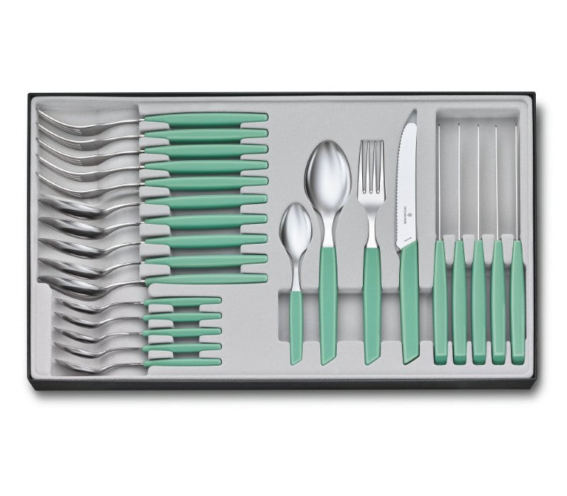 Victorinox Swiss Modern Mint Cutlery Set (24pc) with sleek mint handles and ultrasharp stainless steel blades for stylish dining.