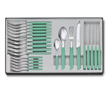 Victorinox Swiss Modern Mint Cutlery Set (24pc) with sleek mint handles and ultrasharp stainless steel blades for stylish dining.