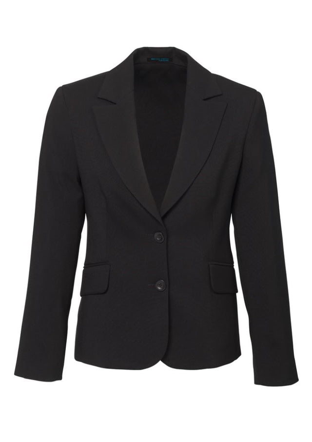 Ladies charcoal short-mid length jacket featuring pockets, breathable fabric, and tailored fit, designed for style and comfort.