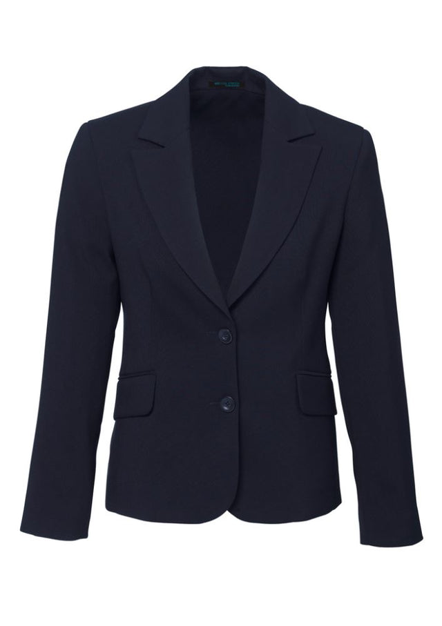 Navy ladies short-mid length jacket by Biz Collection, featuring functional pockets and a stylish, breathable design.