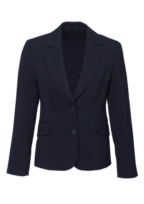 Navy short-mid length ladies jacket, size 8, with internal phone pocket and stylish flip pockets, ideal for versatile wear.