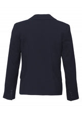 Navy ladies short-mid length jacket by Biz Collection, featuring flip pockets, internal mobile pocket, and flattering fit.