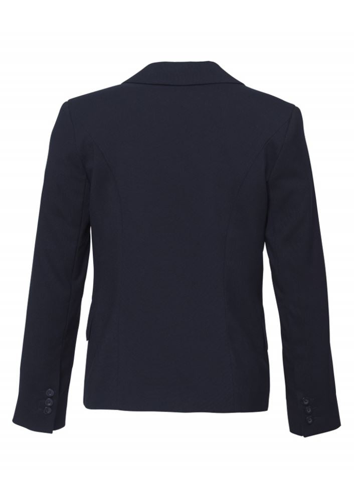 Navy ladies short-mid length jacket by Biz Collection, featuring pockets, internal phone pocket, and chic, breathable design.