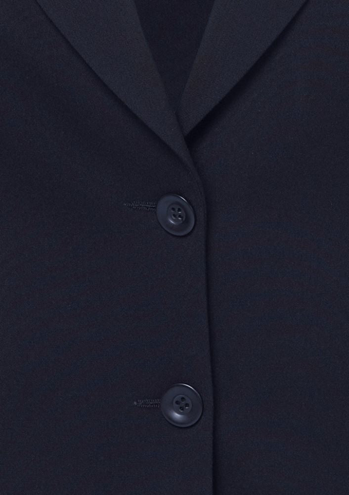 Navy short-mid length ladies jacket by Biz Collection, featuring pockets and breathable fabric, perfect for any occasion.