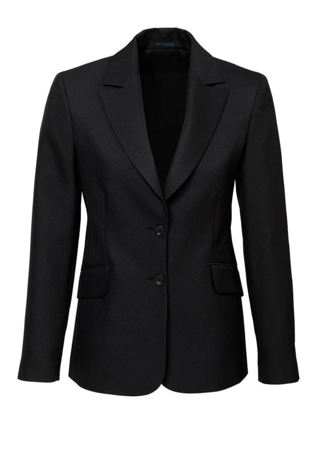 Ladies Longline Jacket in Black, size 24, featuring lightweight fabric, internal pocket, and elegant design for versatile wear.