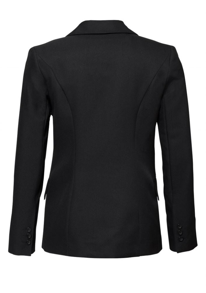 Ladies Longline Jacket in black, featuring a flattering silhouette, mobile phone pocket, and elegant bamboo blend fabric.