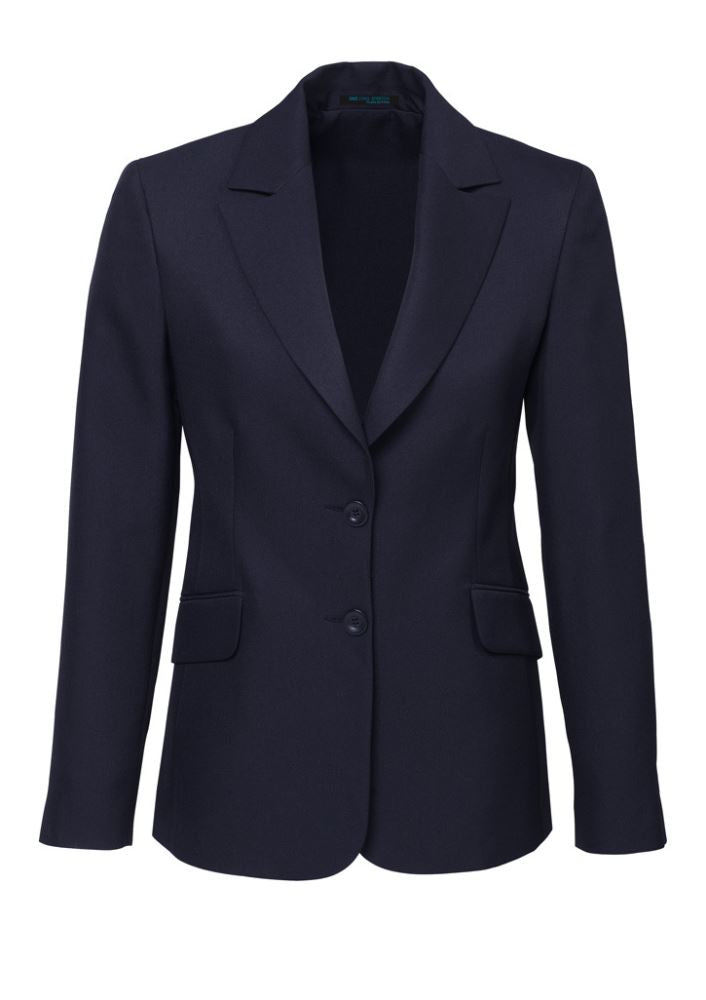 Ladies Navy Longline Jacket, size 6, from Biz Collection, featuring breathable fabric, internal pockets, and a chic silhouette.
