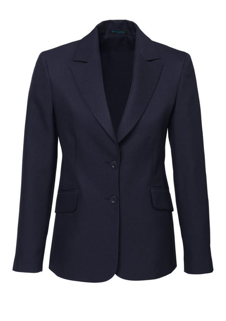 Ladies Longline Jacket in Navy, size 16, featuring 92% polyester fabric, sleek silhouette, and practical internal pockets.