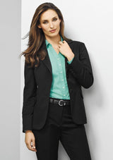 Navy longline jacket for ladies, size 6, featuring internal pockets and a chic design from Biz Collection.