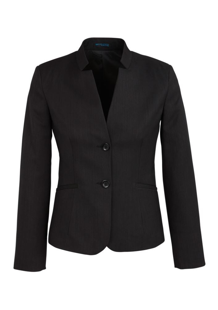 Ladies black short jacket with reverse lapel, tailored fit, internal phone pocket, perfect for professional and casual wear.